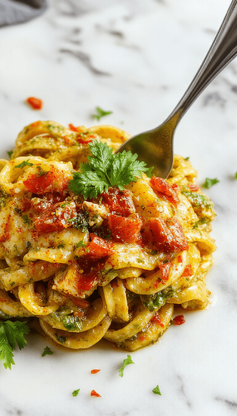 A vibrant plate of creamy pesto pasta topped with fresh basil leaves, coated in a luscious green sauce, served on a rustic white plate with grated cheese and cherry tomatoes in the background, with a fork twirling some pasta and a wooden table setting.