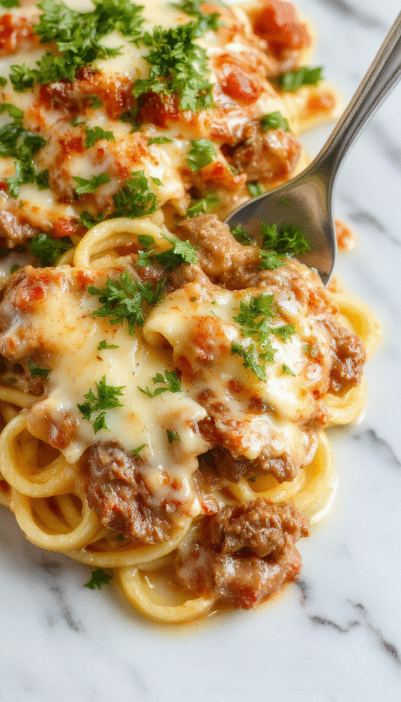A vibrant plate of creamy Philly cheese steak pasta featuring tender slices of steak, melted cheese, and colorful bell peppers on a rustic wooden table, garnished with fresh herbs, showcasing a rich, cheesy, and hearty dish with a glossy sauce and inviting presentation.