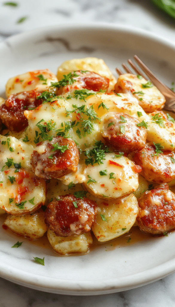 A vibrant plate showcasing golden roasted potatoes mixed with melted cheese, topped with fresh green herbs, alongside slices of smoky sausage, all garnished with a drizzle of ranch dressing and colorful vegetables, styled on a rustic wooden platter with a bright background.