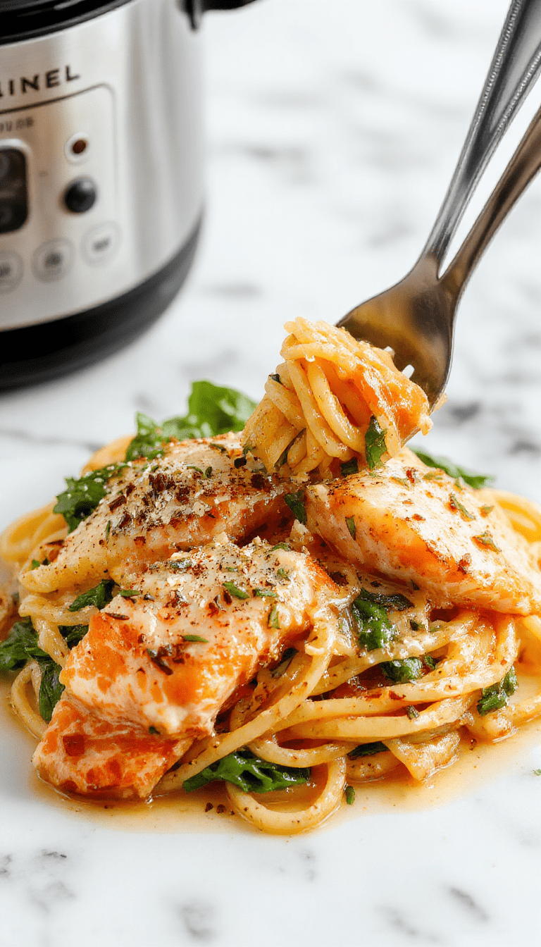 A vibrant plate of creamy salmon spinach pasta showcasing tender pasta coated in a rich white sauce, garnished with fresh spinach leaves and flaky salmon chunks, presented on a rustic wooden table with a sprig of dill for garnish, with a light creamy texture and vibrant green spinach contrasted against the pink salmon.