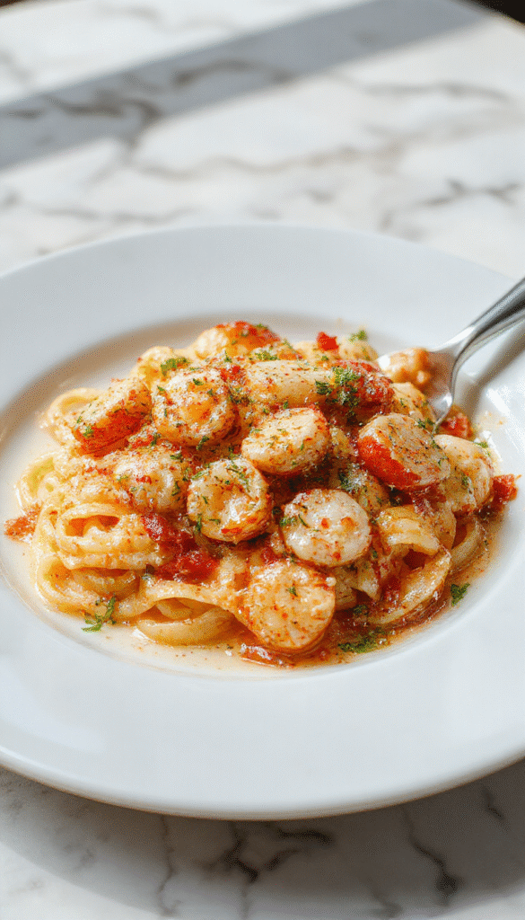 A close-up of creamy seafood stuffed shells arranged on a white plate, topped with fresh parsley. The shells are golden brown on the edges, filled with a rich, cheesy seafood mixture, with steam rising. The background features a rustic wooden table with lemon wedges and a sprinkle of herbs, enhancing the vibrant colors and textures of the dish.