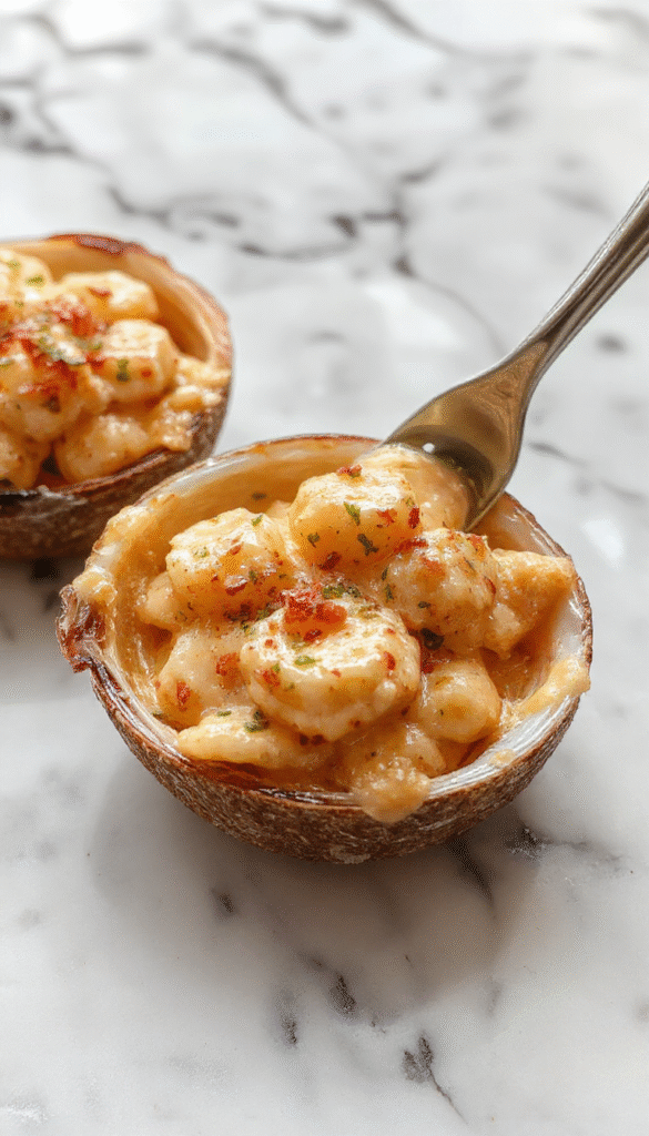 A vibrant plate of creamy seafood stuffed shells featuring golden-brown baked pasta shells filled with a rich mixture of shrimp, crab, and scallops, topped with melted cheese and fresh herbs, presented on a rustic wooden table with a side of lemon wedges and garnished with parsley.