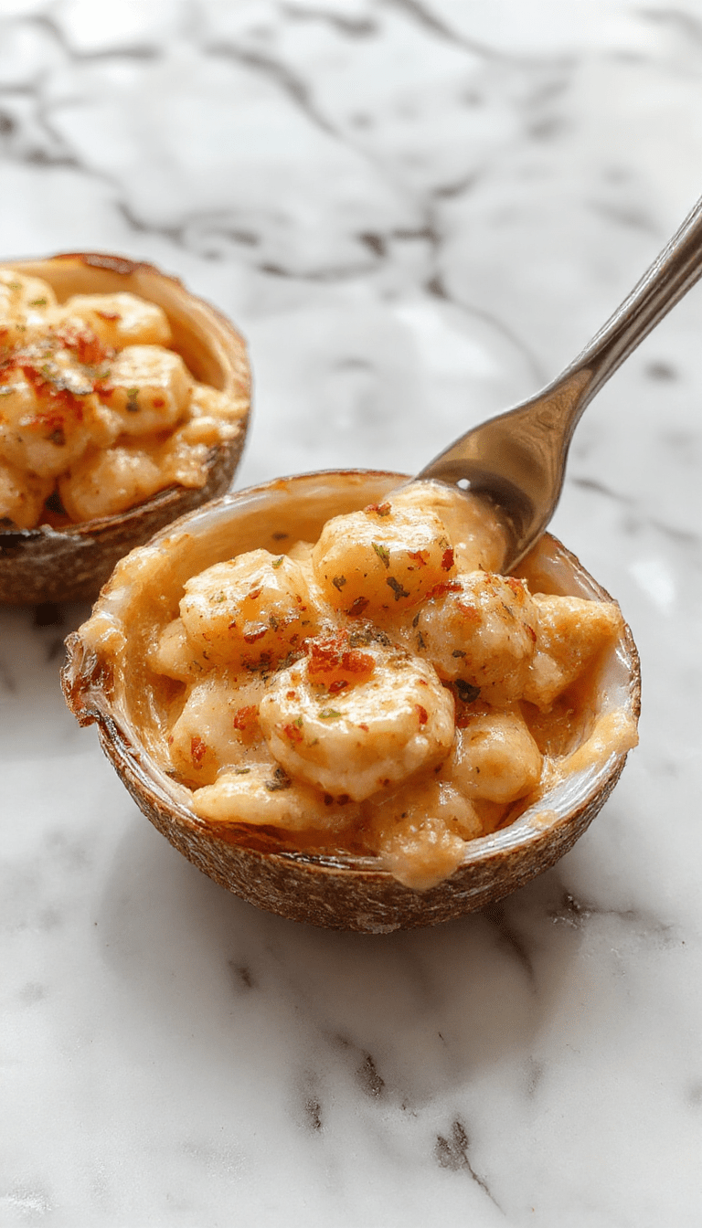 A vibrant plate of creamy seafood stuffed shells featuring golden-brown baked pasta shells filled with a rich mixture of shrimp, crab, and scallops, topped with melted cheese and fresh herbs, presented on a rustic wooden table with a side of lemon wedges and garnished with parsley.