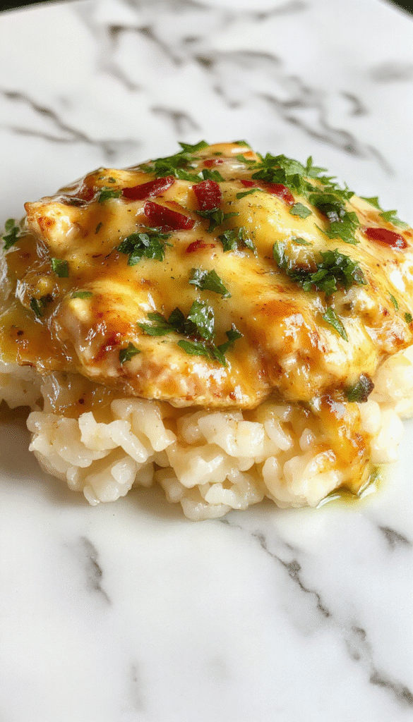 A vibrant plate featuring tender, golden-brown chicken smothered in creamy sauce, garnished with fresh herbs, served alongside fluffy rice with steam rising, all styled on a rustic wooden table for an inviting look.