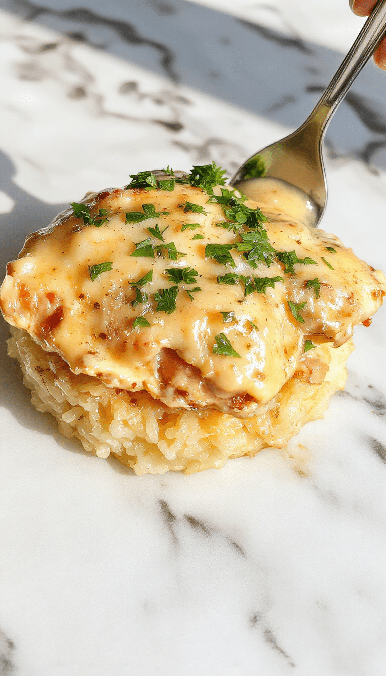 A close-up shot of a steaming bowl of creamy smothered chicken and rice, topped with herbs and melted cheese. The dish features tender chicken pieces enveloped in a rich, glossy sauce, nestled over fluffy white rice. The bowl is garnished with fresh parsley, set on a rustic wooden table with a colorful background of ingredients like spices and vegetables, styled to look hearty and inviting.