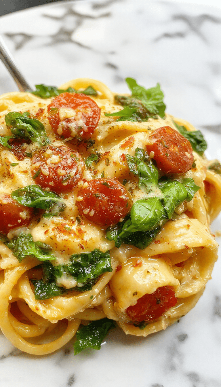 A vibrant plate of creamy spinach and ripe tomato pasta garnished with fresh basil leaves, showcasing a colorful array of green, red, and golden hues, with a smooth, glossy sauce coating the al dente pasta, arranged attractively on a white plate on a rustic wooden table.