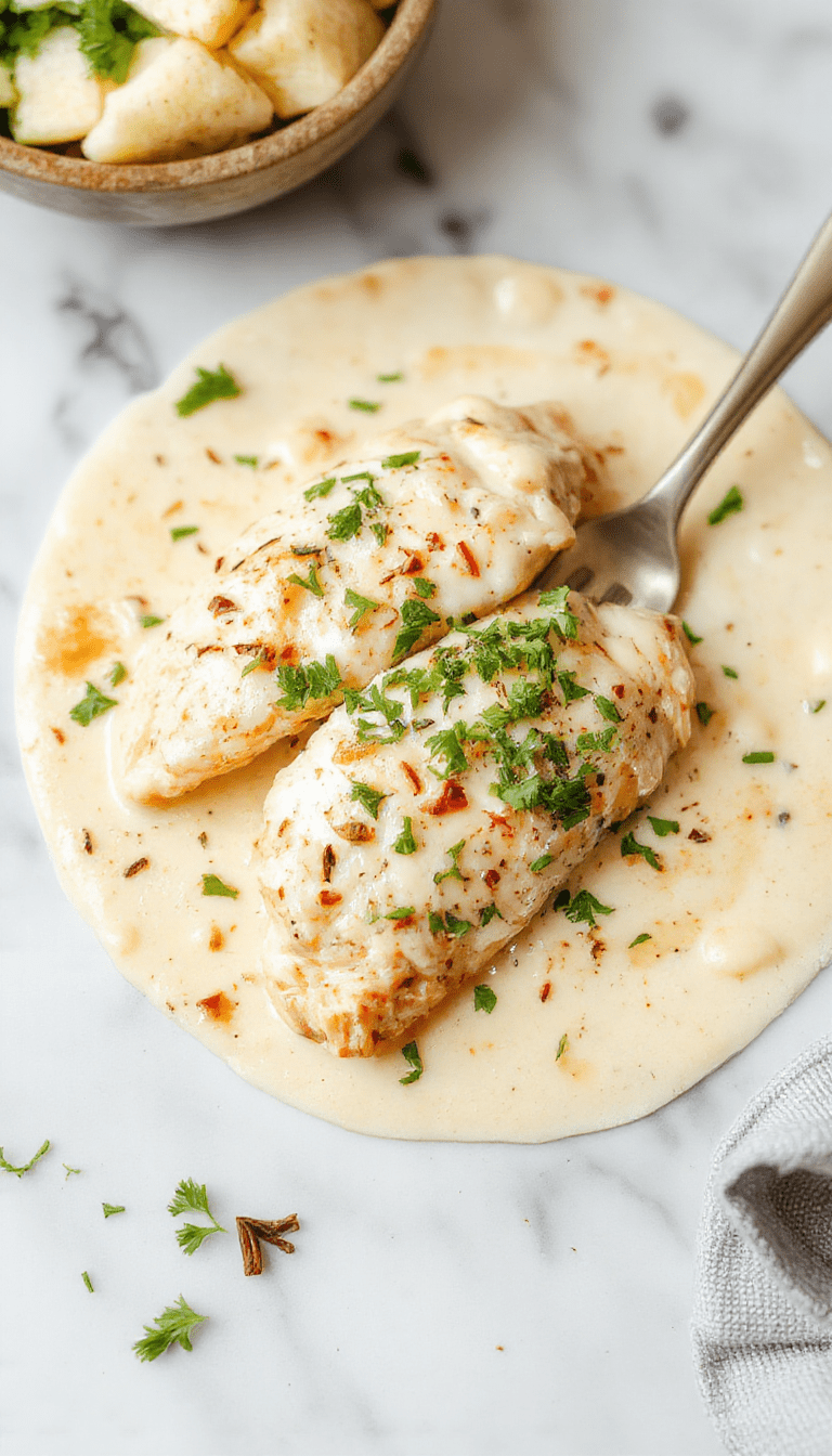 A vibrant skillet featuring tender chunks of grilled chicken coated in a rich, creamy butter sauce, topped with chopped fresh parsley, served alongside warm crusty bread, with a golden-brown finish and a glossy sauce that highlights the savory textures.