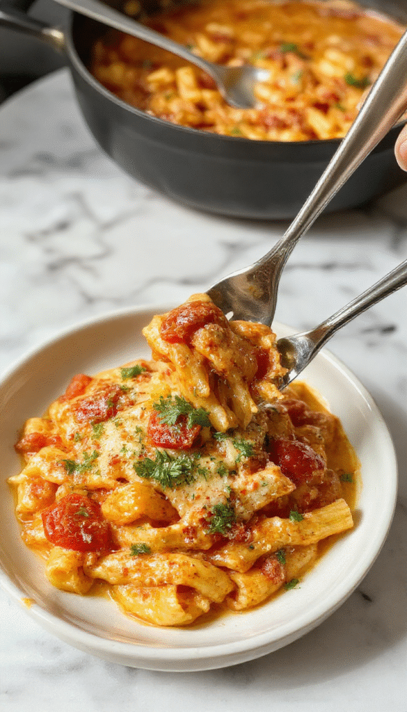Bright orange and red creamy tomato pasta served in a white bowl, garnished with fresh basil leaves, topped with grated Parmesan cheese, creating a colorful and inviting presentation, steam rising, rustic wooden background with fresh ingredients side arrangement.