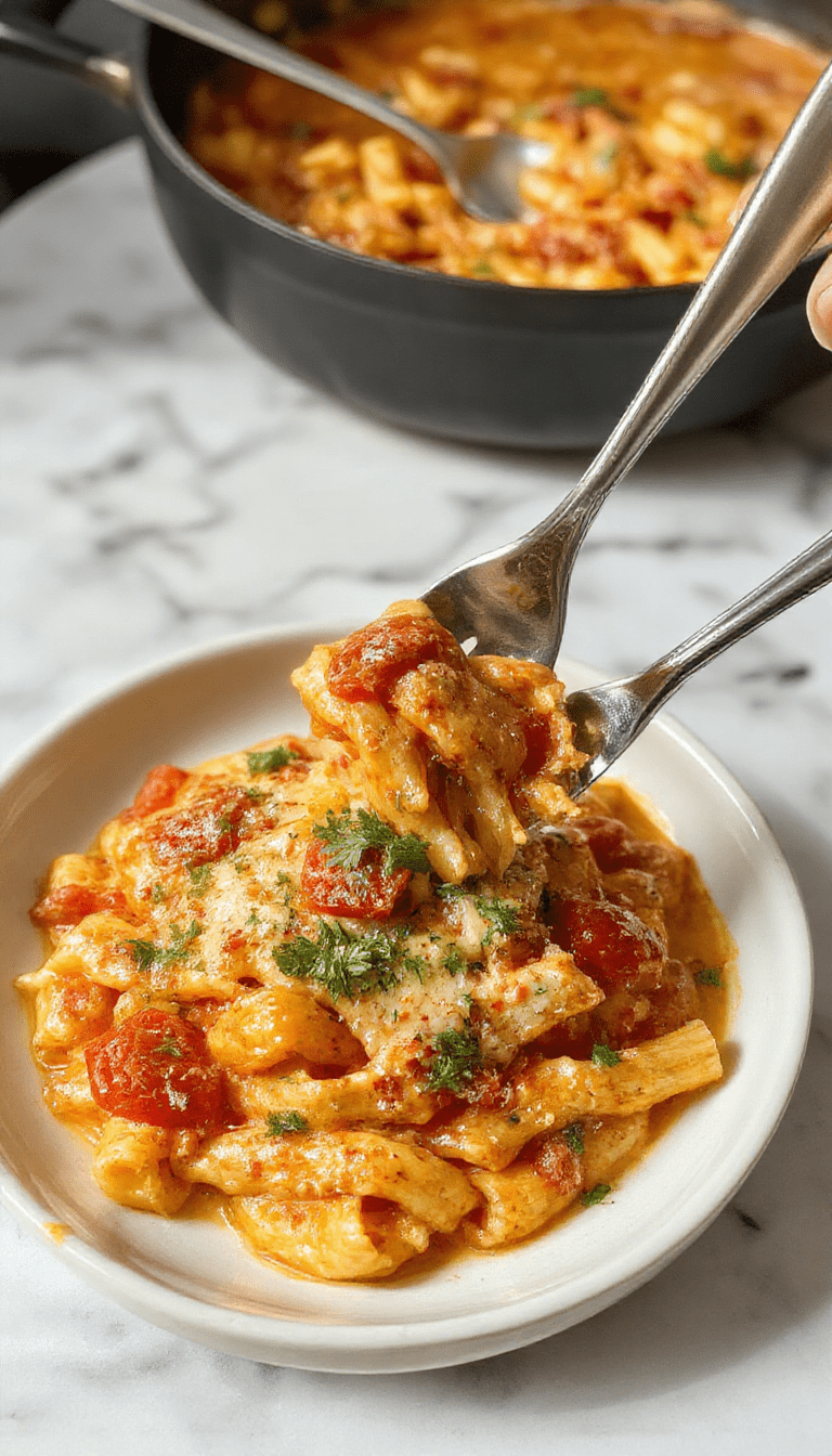 Bright orange and red creamy tomato pasta served in a white bowl, garnished with fresh basil leaves, topped with grated Parmesan cheese, creating a colorful and inviting presentation, steam rising, rustic wooden background with fresh ingredients side arrangement.