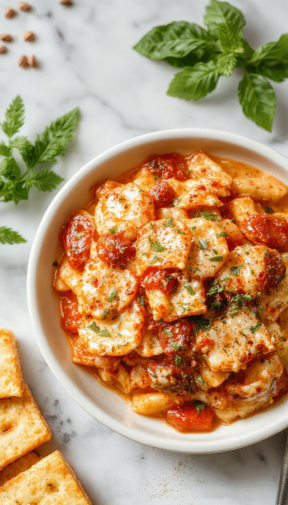 A vibrant bowl of creamy tomato pasta topped with fresh basil, swirling with rich red sauce and creamy texture, garnished with grated cheese and served on a rustic wooden table with a sprinkle of herbs.