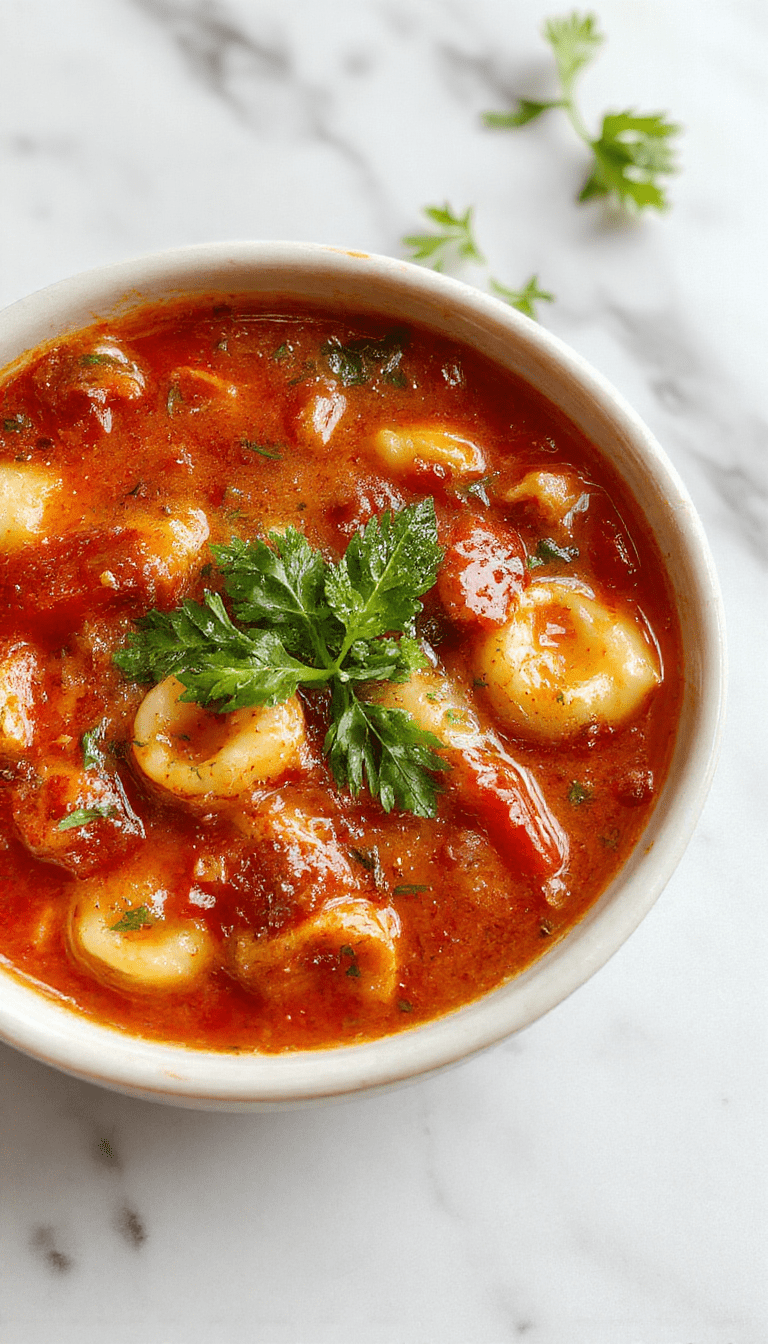 A vibrant bowl of tomato tortellini soup showcasing plump tortellini pasta immersed in a rich, red tomato broth, garnished with fresh basil leaves, and a sprinkle of grated Parmesan cheese. The soup is served in a white ceramic bowl on a rustic wooden table, with a spoon resting beside it, condensation on the bowl suggests warmth, and the background features a cozy kitchen setting with natural lighting highlighting the textures and colors.