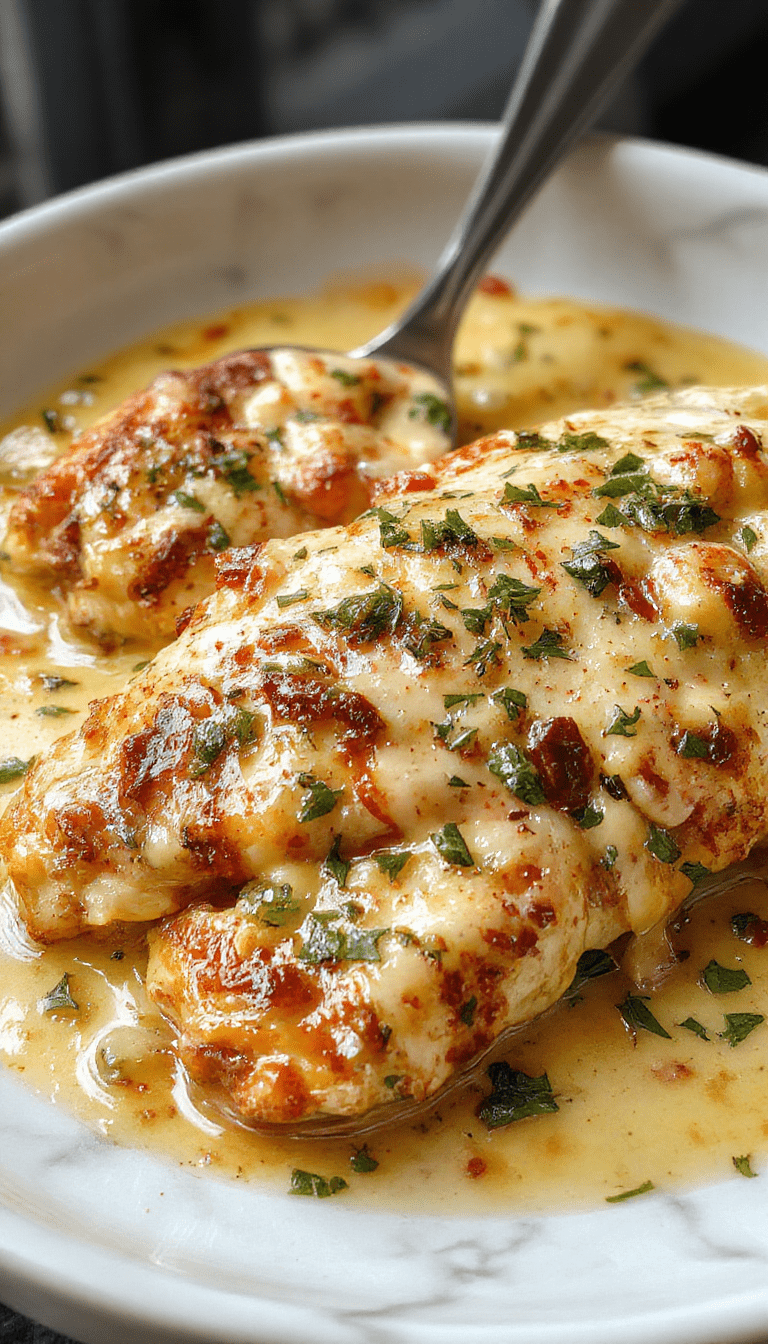 A close-up of a creamy Tuscan chicken dish served on a white plate, featuring tender chicken breasts topped with a luscious garlic and spinach sauce, garnished with fresh basil. The vibrant green spinach contrasts with the rich, creamy sauce, with a drizzle of balsamic glaze and a side of toasted bread, styled elegantly with natural lighting highlighting the textures and colors.
