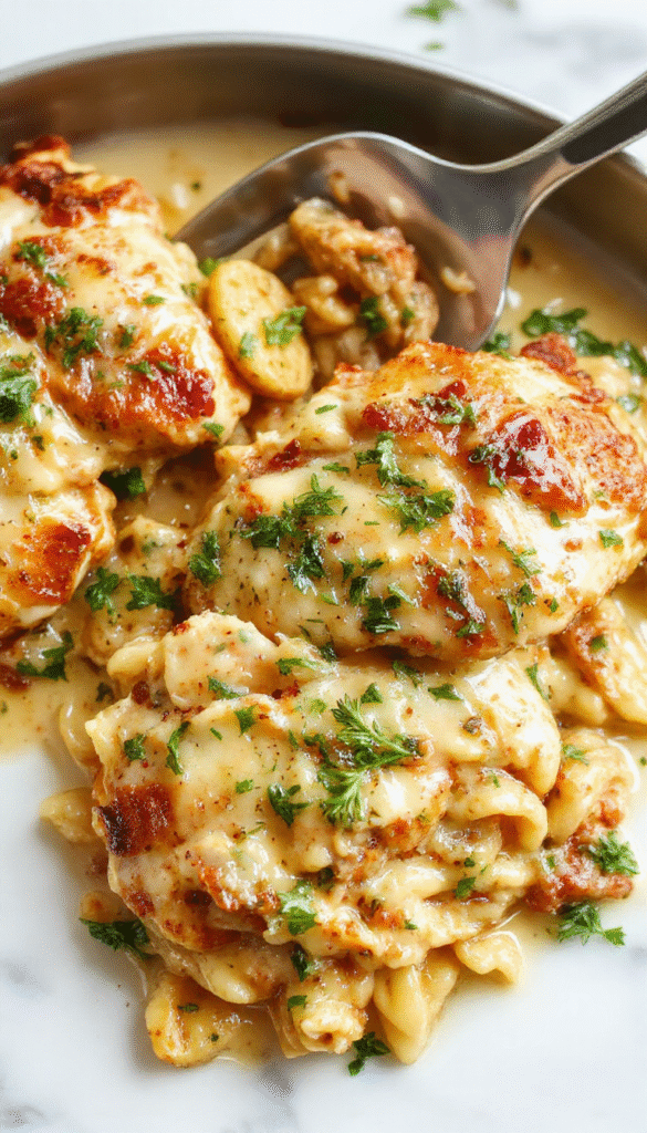 A vibrant dish featuring golden baked chicken pieces nestled in a creamy sauce with tender orzo pasta, garnished with fresh basil and sun-dried tomatoes on a rustic white plate, styled with herbs and a drizzle of olive oil, set on a wooden table with a background of fresh ingredients and a warm, inviting atmosphere.