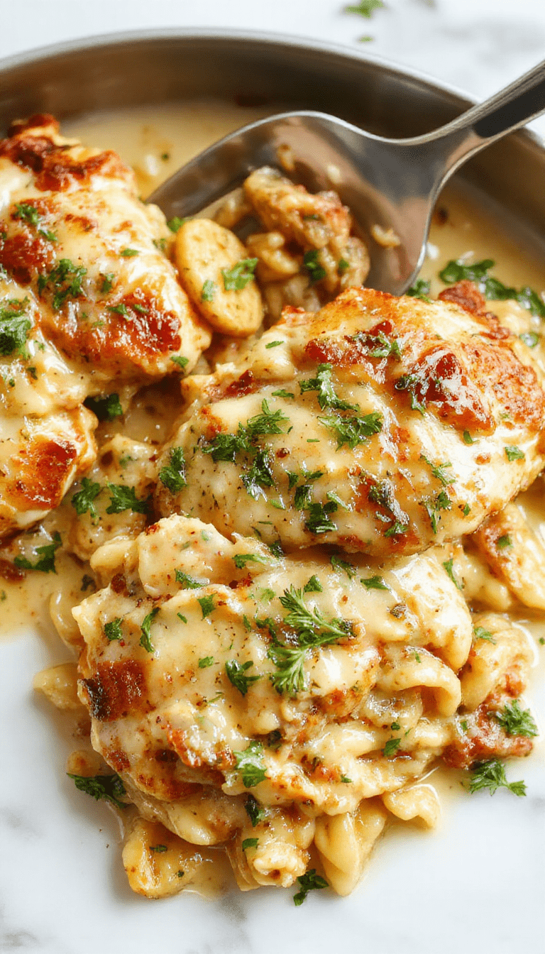 A vibrant dish featuring golden baked chicken pieces nestled in a creamy sauce with tender orzo pasta, garnished with fresh basil and sun-dried tomatoes on a rustic white plate, styled with herbs and a drizzle of olive oil, set on a wooden table with a background of fresh ingredients and a warm, inviting atmosphere.