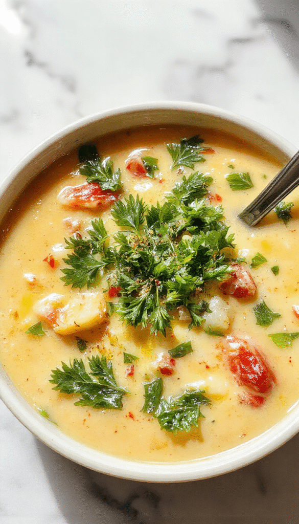 A vibrant bowl of creamy vegetable soup garnished with fresh herbs, surrounded by colorful vegetables like carrots, zucchini, and spinach on a rustic wooden table, showcasing a smooth, luscious texture and bright, inviting colors.