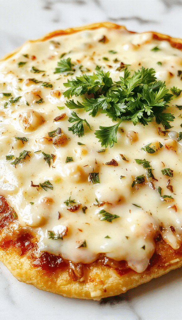 A close-up shot of a creamy white garlic pizza sauce spread evenly over a freshly baked, golden-brown pizza crust. The sauce is smooth with visible minced garlic and herbs, topped with melted mozzarella cheese, basil leaves, and cherry tomatoes, garnished with a drizzle of olive oil. The presentation is rustic and inviting, emphasizing the rich texture and vibrant colors of the toppings.