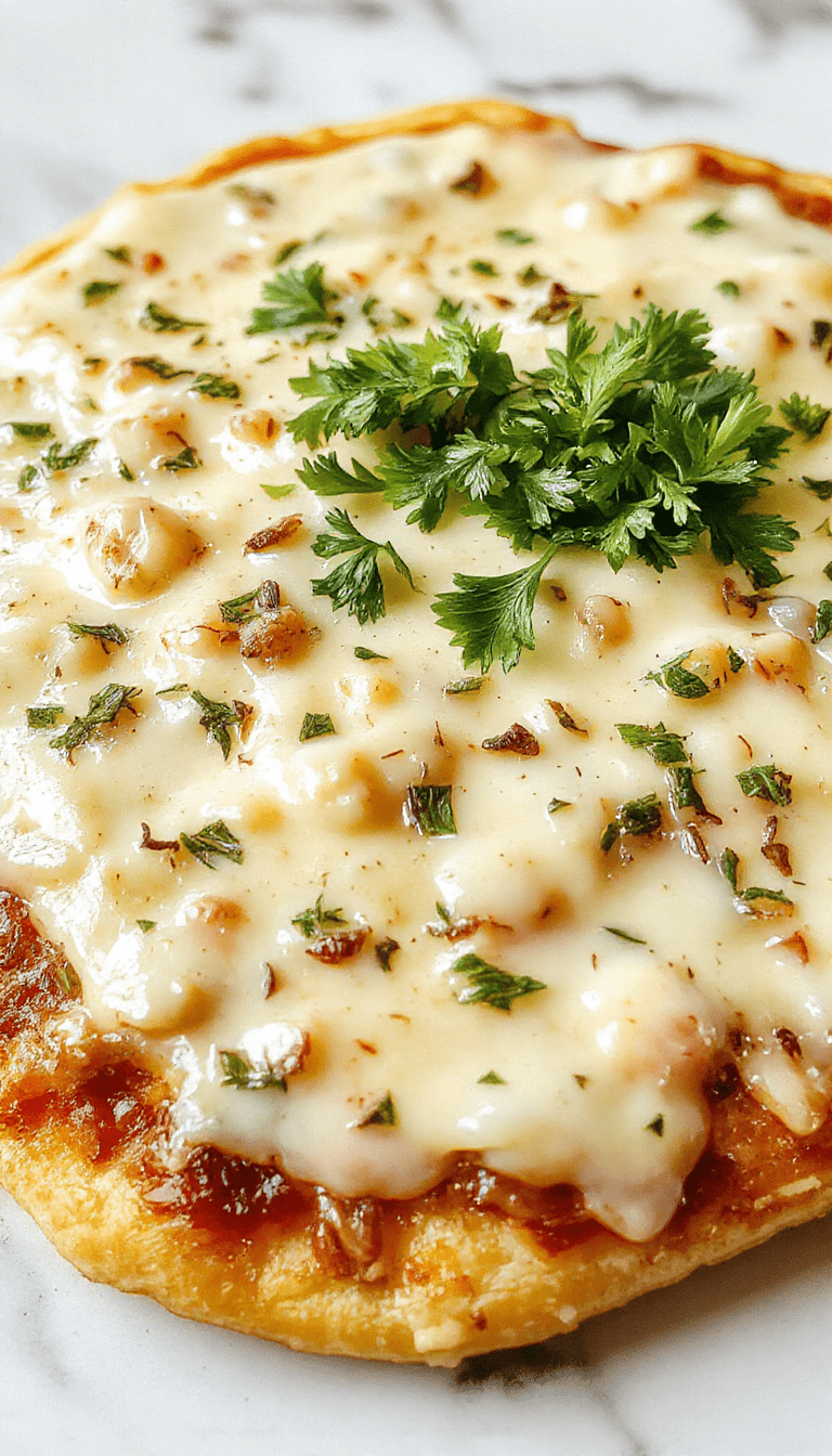 A close-up shot of a creamy white garlic pizza sauce spread evenly over a freshly baked, golden-brown pizza crust. The sauce is smooth with visible minced garlic and herbs, topped with melted mozzarella cheese, basil leaves, and cherry tomatoes, garnished with a drizzle of olive oil. The presentation is rustic and inviting, emphasizing the rich texture and vibrant colors of the toppings.