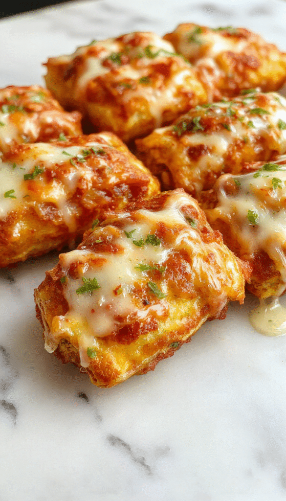 Golden-brown crispy pizza rolls arranged on a white plate, showcasing their flaky exterior and melted cheese filling inside, garnished with green herbs, styled on a rustic wooden surface with a blurred kitchen background.
