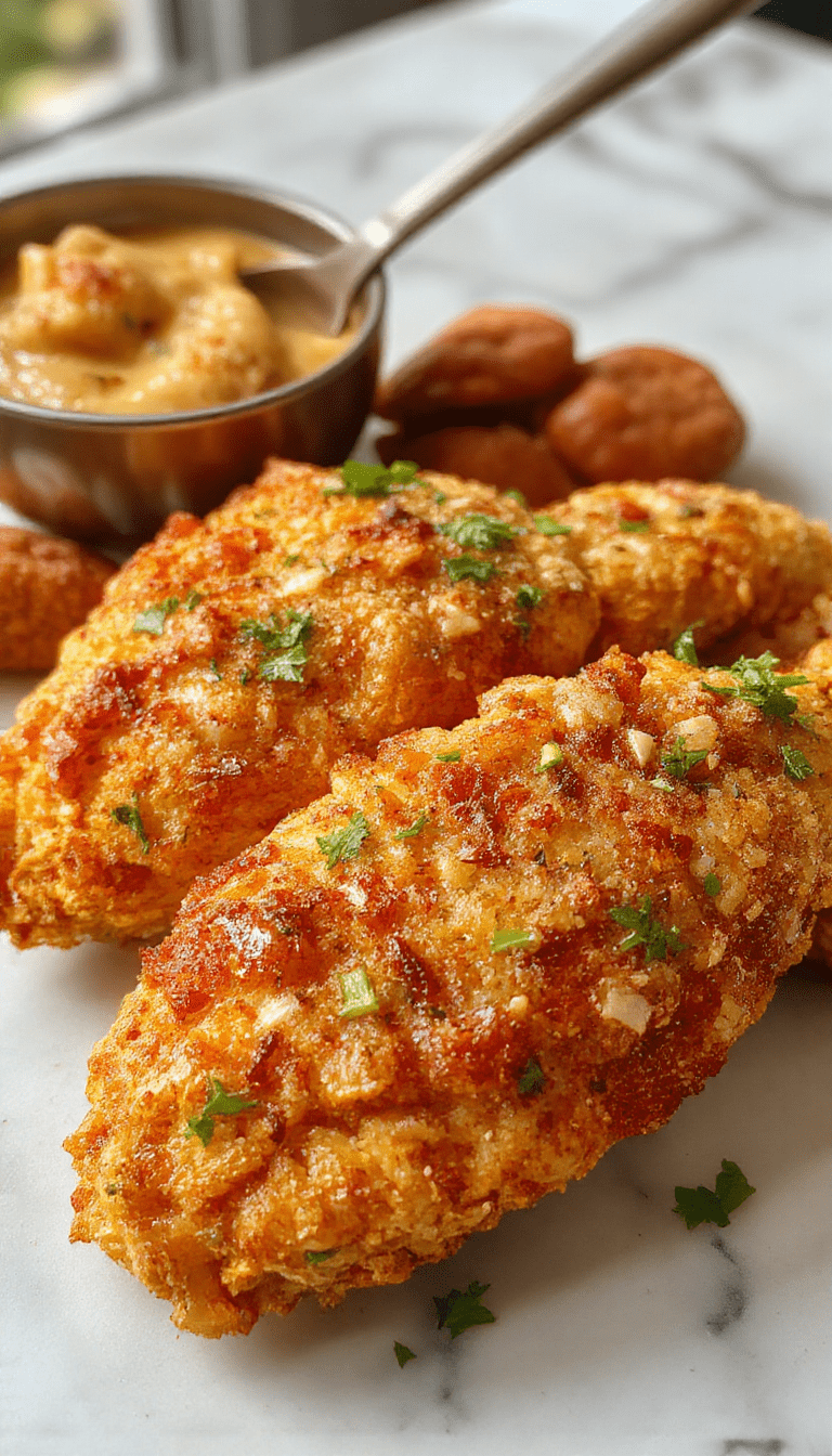 Golden brown crispy baked chicken tenders arranged on a white plate with a side of dipping sauce, fresh parsley garnish, textured breading, vibrant colors, appetizing presentation.
