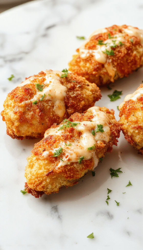A vibrant plate of golden crispy baked chicken tenders arranged neatly on a white platter, garnished with fresh herbs and served with a side of dipping sauces. The tenders have a crunchy texture with a light coating, contrasted against the colorful background of a rustic wooden table and fresh ingredients like lemons and herbs.