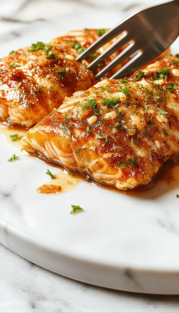A beautifully plated crispy honey garlic glazed salmon fillet with a golden-brown crust, garnished with fresh herbs and drizzled with honey garlic sauce, served on a white plate against a rustic wooden background with vibrant green garnish.