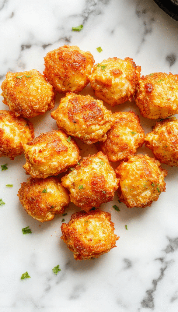 A plate of golden-brown crispy lemon chicken bites arranged neatly on a white ceramic plate, garnished with fresh lemon wedges and chopped parsley. The bites have a textured, crunchy exterior with visible lemon zest flecks, contrasting with the tender chicken inside. The background features a light, airy kitchen setting with natural lighting highlighting the dish's vibrant colors and crispy textures.