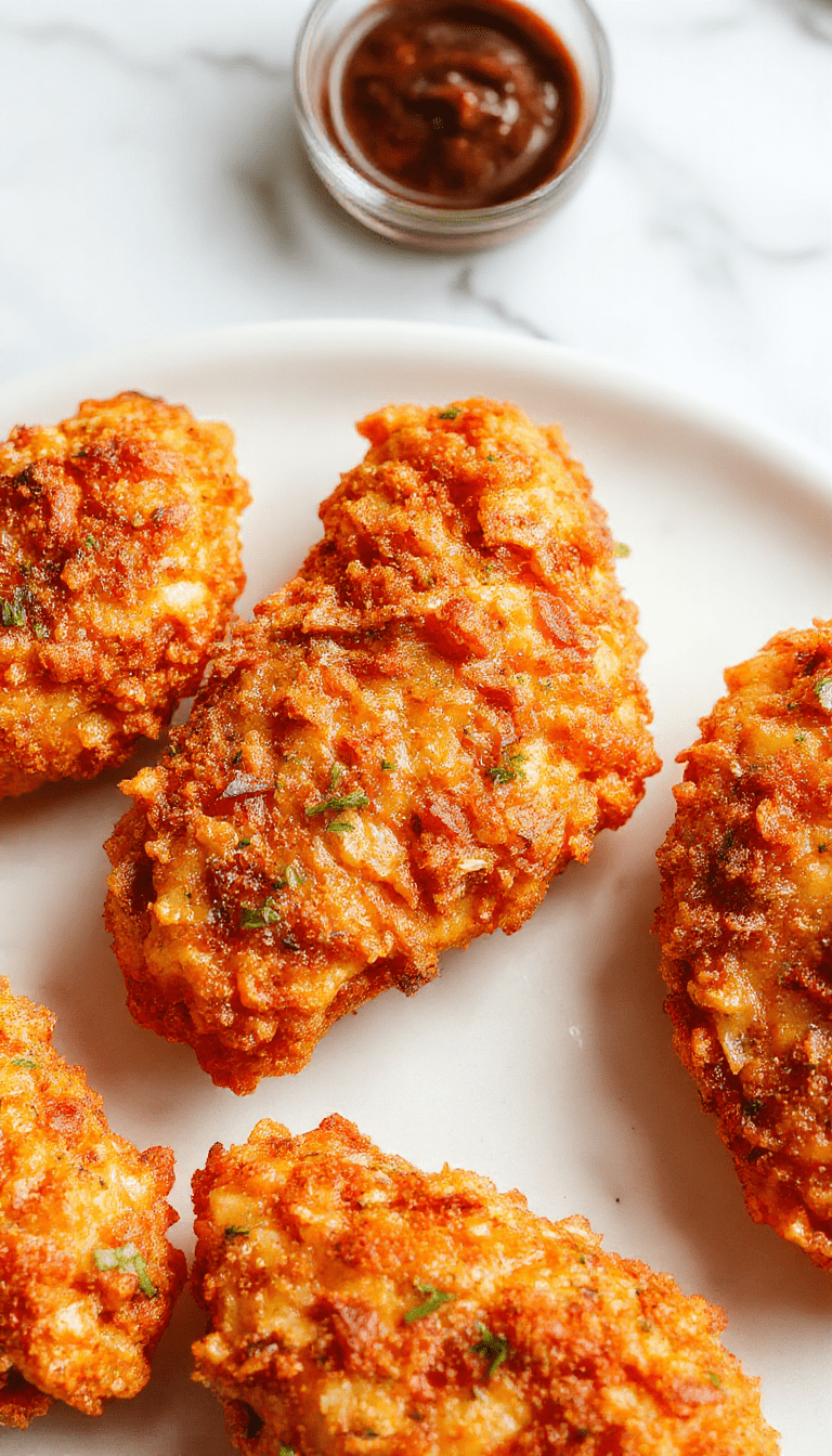 Golden-brown crispy chicken tenders arranged on a white plate, garnished with fresh parsley, with a side of dipping sauce on a rustic wooden table, showcasing the crunchy texture and tender insides with vibrant colors and appealing styling.