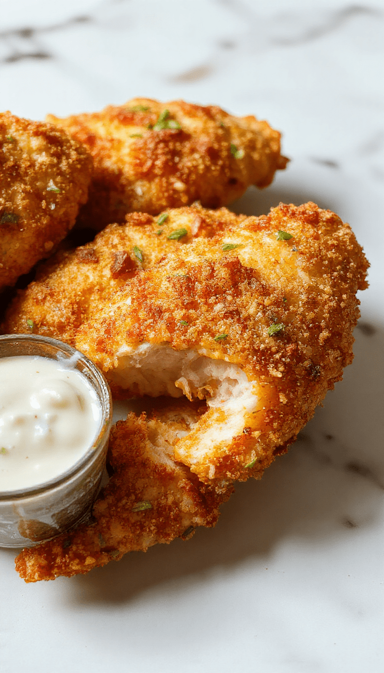 Golden-brown crispy baked chicken tenders neatly arranged on a white plate with a side of dipping sauce, garnished with fresh parsley, showcasing a crunchy texture and tender interior, styled on a rustic wooden table with natural lighting.