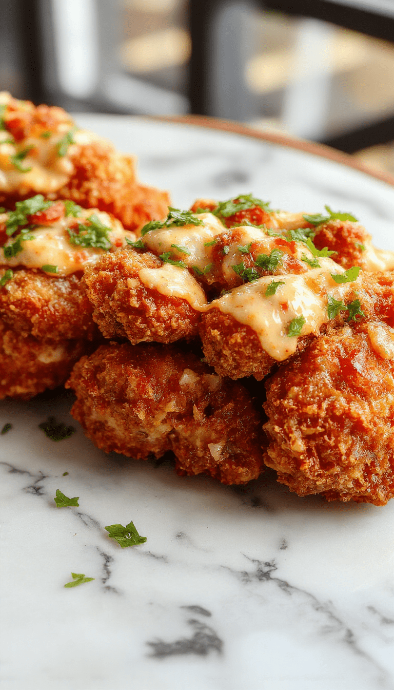 A vibrant plate of crispy bang bang chicken featuring golden-brown, breaded chicken strips drizzled with spicy orange sauce, garnished with green scallions and sesame seeds, styled on a white ceramic plate with a rustic wooden background, highlighting the crispy texture and glossy sauce.