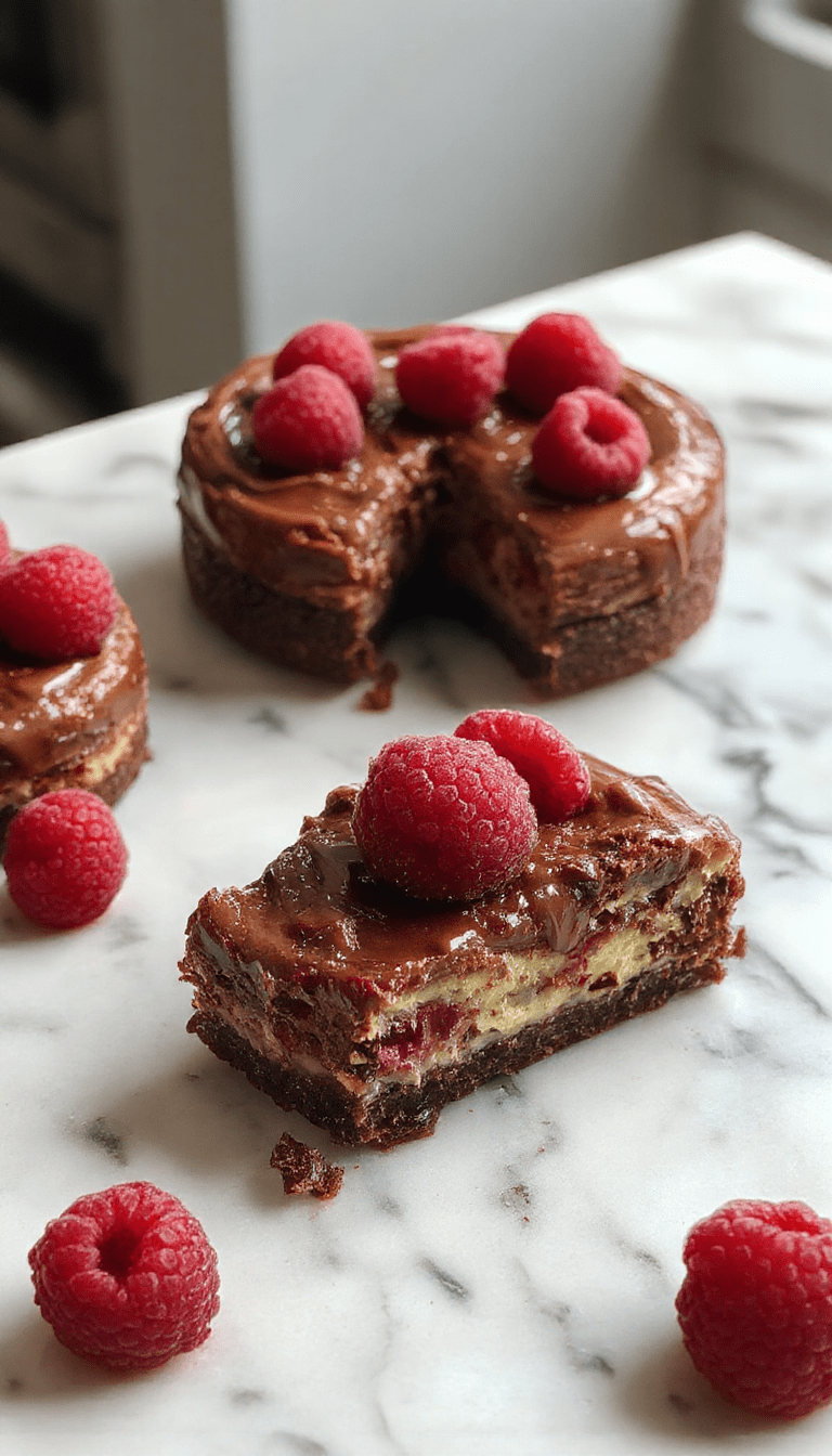 A luxurious slice of dark chocolate raspberry cheesecake on a white plate, topped with fresh raspberries and a drizzle of raspberry sauce. The rich, creamy cheesecake has a dark chocolate crust with smooth, glossy chocolate ganache. The vibrant red raspberries contrast beautifully against the deep chocolate color, and the plate is styled with a sprinkle of cocoa powder for an elegant presentation.