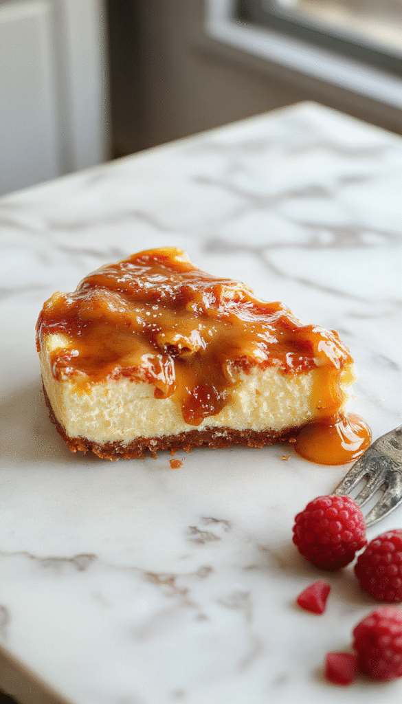 A vibrant cheesecake with a golden-brown crust topped with a luscious layer of butterscotch sauce, sprinkled with crushed nuts and caramel drizzles. The cheesecake is sliced to reveal creamy, textured layers with swirls of butterscotch throughout, presented on an elegant plate with a rustic background and soft natural lighting highlighting the glossy topping and rich textures.