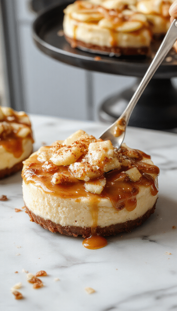 A slice of rich apple pie cheesecake with a golden crust, topped with gooey salted caramel drizzle, fresh apple slices, and a sprinkle of sea salt, all beautifully plated on a rustic wooden board, with caramel swirls on the side and a light dusting of cinnamon for visual warmth.