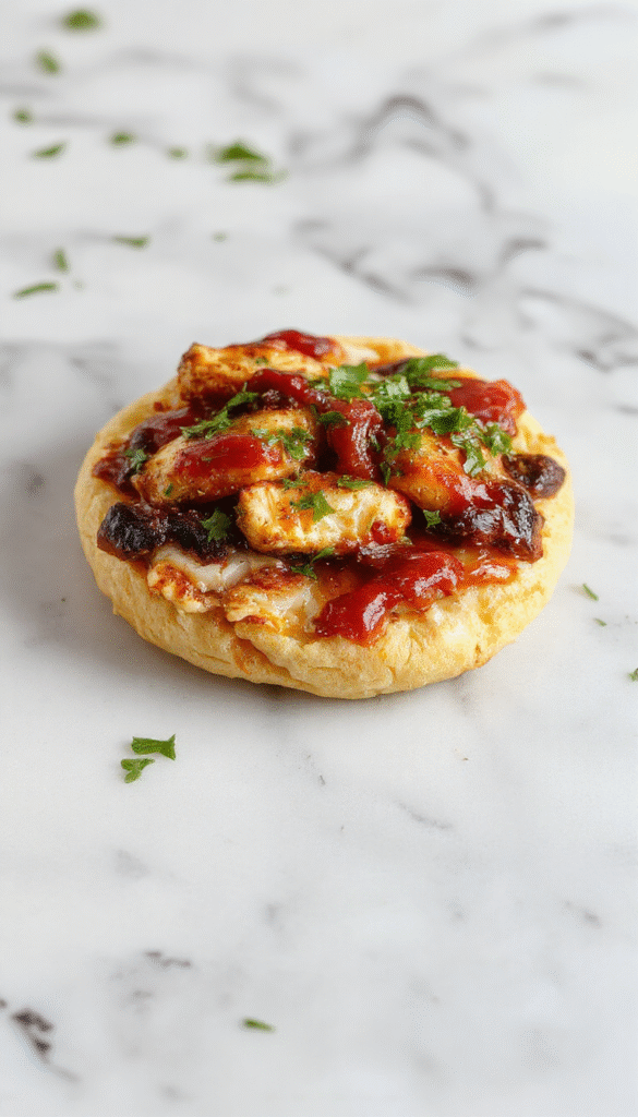 A vibrant flatbread topped with shredded BBQ chicken, melted cheese, sliced red onions, and fresh cilantro, garnished with a drizzle of barbecue sauce, presented on a rustic wooden board with a side of fresh greens.