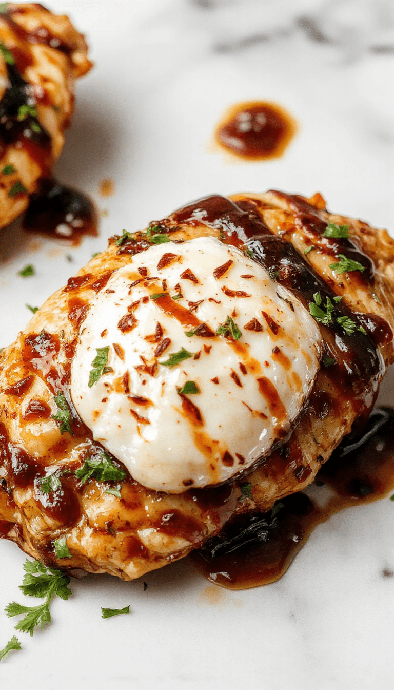 A close-up of a golden-baked chicken breast topped with melted mozzarella cheese, drizzled with glossy balsamic glaze, garnished with fresh herbs on a rustic wooden plate.