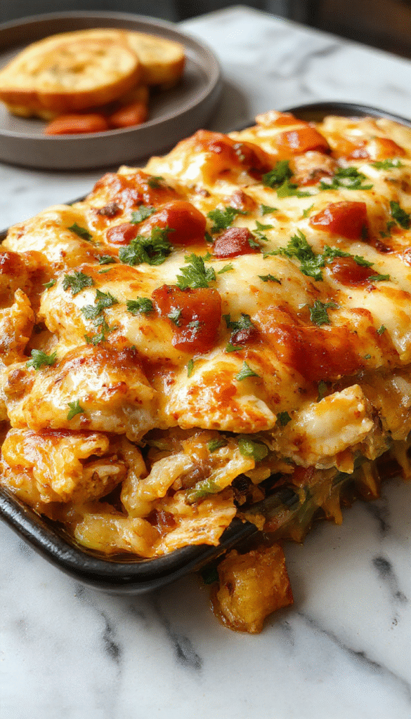 A colorful plate showcasing a chicken burrito casserole sliced to reveal layers of seasoned chicken, melted cheese, and vibrant peppers, garnished with fresh cilantro and served on a rustic ceramic plate with a side of salsa and sour cream.