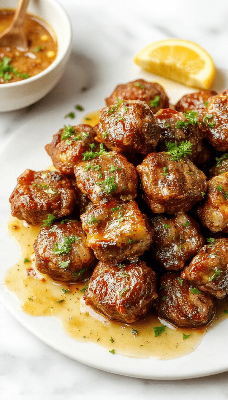 A close-up image of golden-brown beef bites coated in garlic butter on a rustic wooden plate, garnished with fresh parsley, with a background of cooked vegetables and a creamy sauce drizzled over the meat, showcasing a savory, juicy texture and vibrant colors