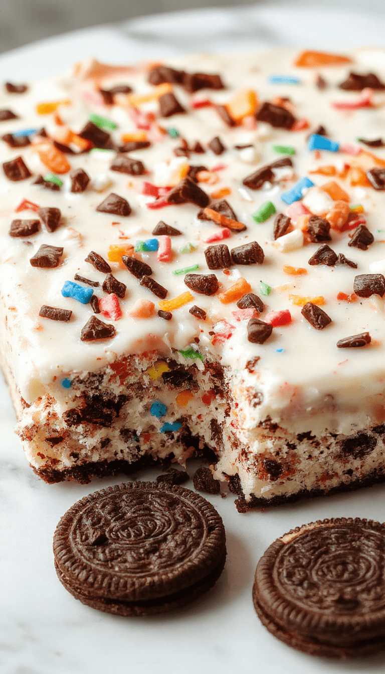 Colorful layered no-bake Funfetti Oreo Icebox Cake topped with sprinkles, with visible crushed Oreos and creamy filling, presented on a white plate with a playful, vibrant background.