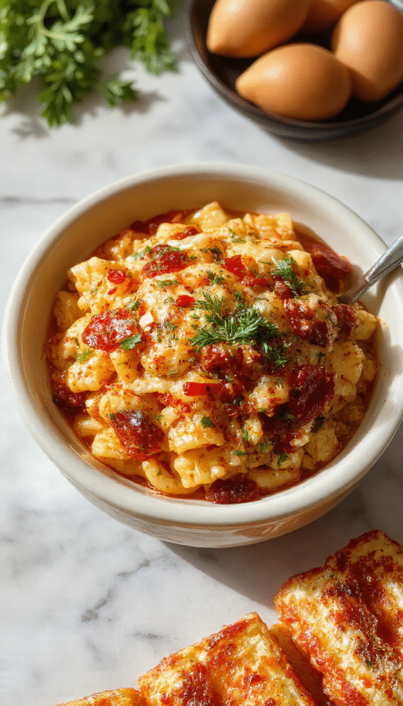 A colorful plate of creamy orzo pasta garnished with fresh herbs and cherry tomatoes, served on a rustic wooden table with a vibrant and appetizing presentation, highlighting the textures and freshness of the ingredients.