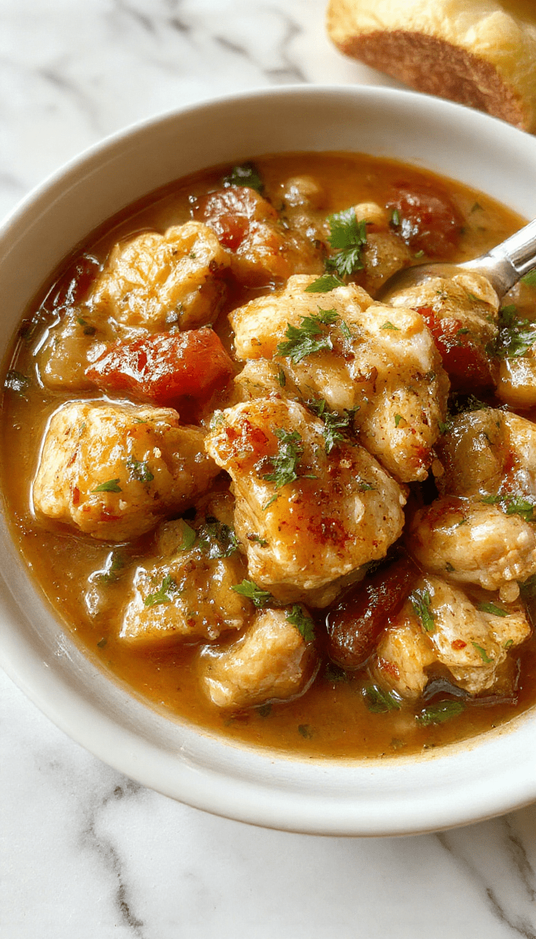 A close-up of a rustic white bowl filled with hearty chicken stew, featuring tender shredded chicken, vibrant carrots, potatoes, and celery in a rich, savory broth. The stew is garnished with fresh herbs and served on a wooden table with a spoon resting beside. The colors are warm and inviting, with the textures of the vegetables and chicken clearly visible, conveying comfort and hominess.