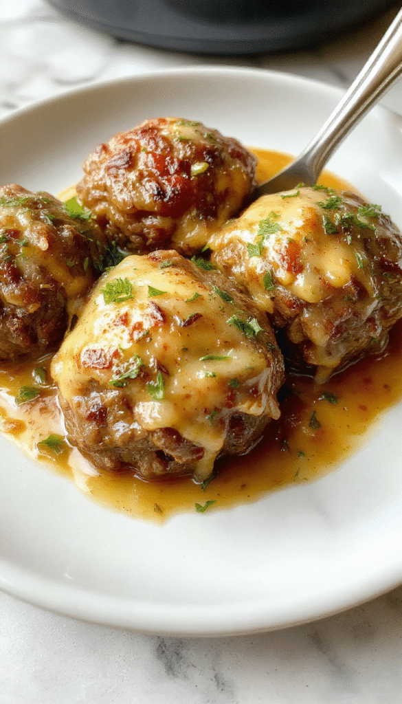 A close-up of golden brown Salisbury steak meatballs glazed with rich gravy, arranged neatly on a rustic plate garnished with chopped parsley, with a creamy mashed potatoes side and a drizzle of gravy, styled on a wooden table with natural lighting highlighting textures and appetizing appearance.