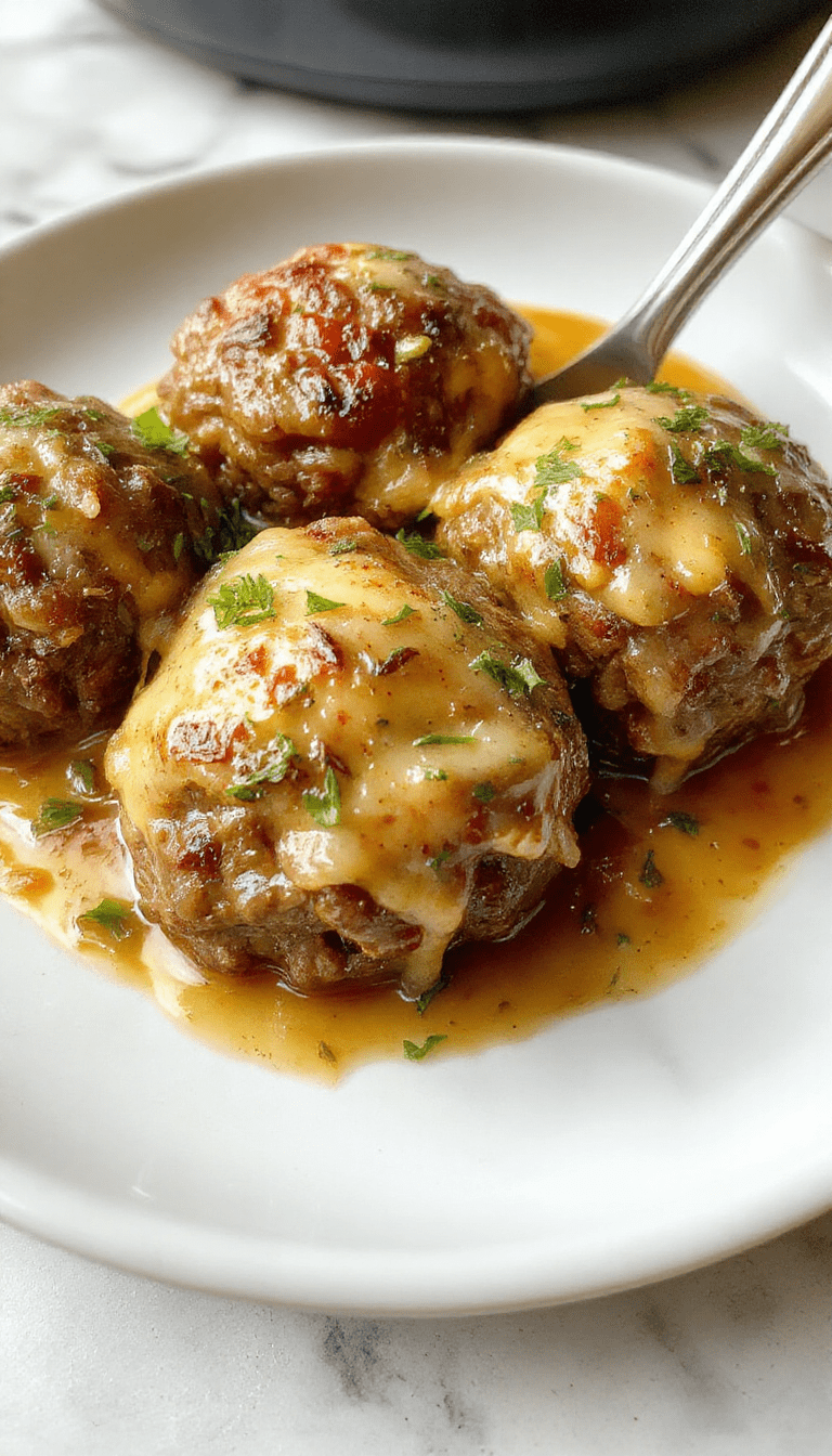 A close-up of golden brown Salisbury steak meatballs glazed with rich gravy, arranged neatly on a rustic plate garnished with chopped parsley, with a creamy mashed potatoes side and a drizzle of gravy, styled on a wooden table with natural lighting highlighting textures and appetizing appearance.