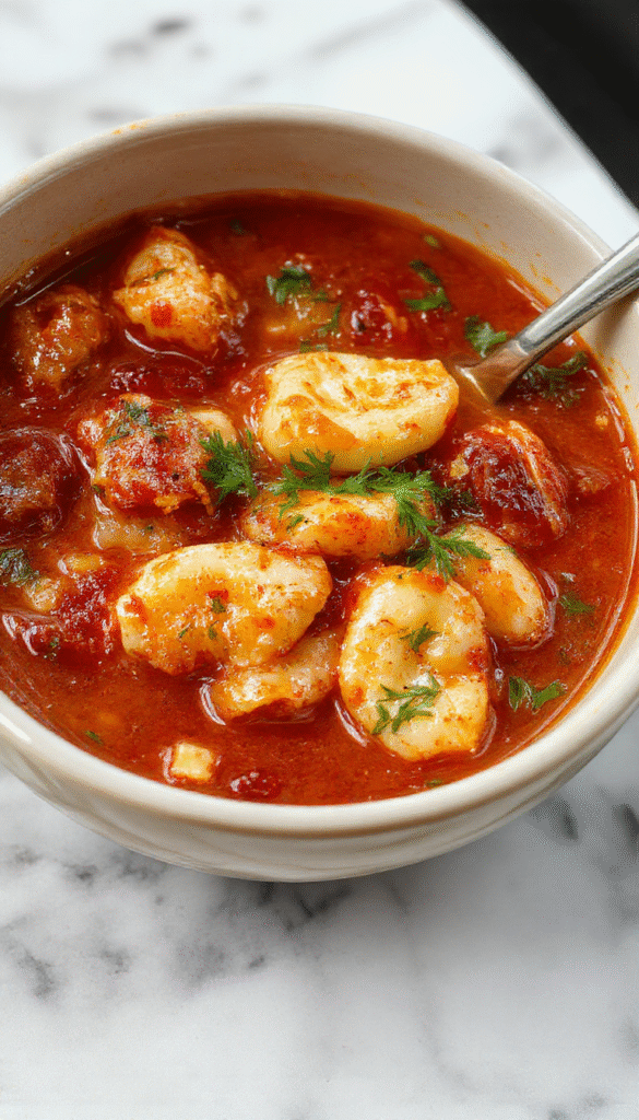 A vibrant bowl of tomato tortellini soup featuring plump tortellini immersed in a rich, red tomato broth, topped with fresh basil leaves and grated Parmesan cheese. The bowl sits on a rustic wooden table, with a spoon resting beside it, and a sprig of basil adding a touch of green contrast. The soup's textures look hearty and inviting, with steam gently rising to evoke warmth and comfort.