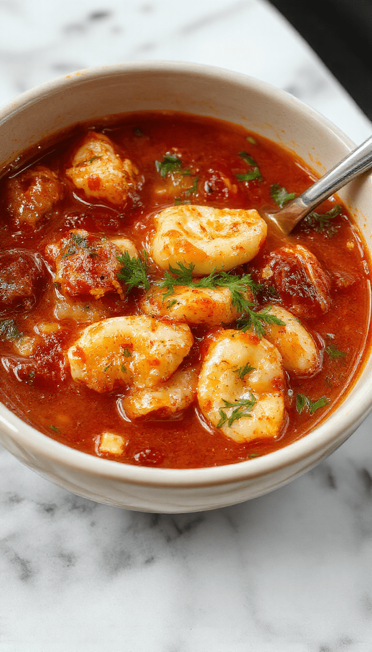 A vibrant bowl of tomato tortellini soup featuring plump tortellini immersed in a rich, red tomato broth, topped with fresh basil leaves and grated Parmesan cheese. The bowl sits on a rustic wooden table, with a spoon resting beside it, and a sprig of basil adding a touch of green contrast. The soup's textures look hearty and inviting, with steam gently rising to evoke warmth and comfort.