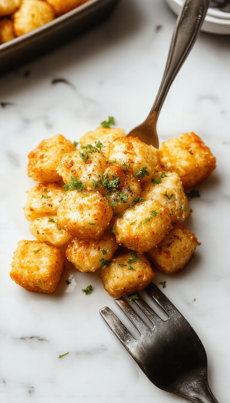 A colorful plate featuring a golden-brown tater tot casserole topped with melted cheese and fresh herbs, served in a rustic dish on a wooden table with a side of green salad.