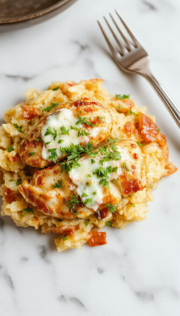 Colorful plated chicken tzatziki rice casserole featuring golden baked chicken pieces atop fluffy rice, garnished with fresh cucumber, dill, and a drizzle of creamy tzatziki sauce. Vibrant green herbs and crisp cucumber slices contrast with the warm, golden chicken and rice, styled elegantly on a white plate with a rustic wooden background.