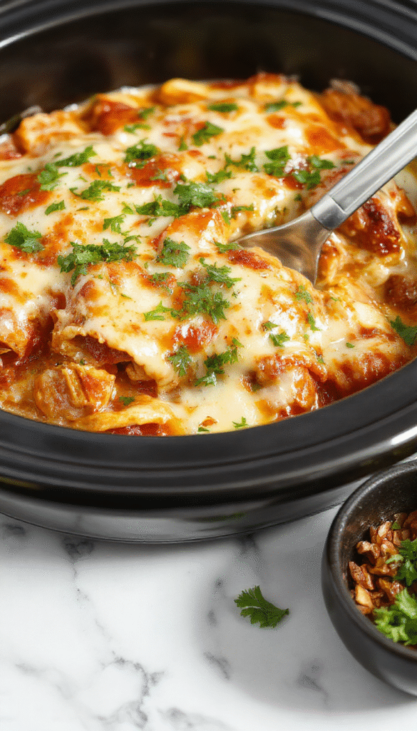 A colorful crockpot chicken enchilada casserole served in a rustic white dish, topped with melted cheese, garnished with fresh cilantro, and side of warm tortillas, vibrant red and green sauces drizzled over crispy edges, inviting and hearty