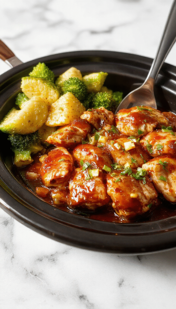 A vibrant bowl of shredded shredded boneless chicken glazed with glossy teriyaki sauce, garnished with sesame seeds and chopped green onions, served on a rustic wooden table with a side of steamed rice and colorful vegetables.