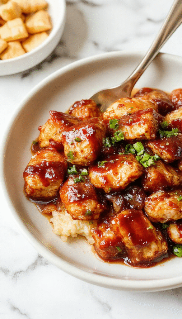 Colorful bowl of tender shredded chicken glazed in shiny, dark teriyaki sauce with sesame seeds and chopped green onions on top, served alongside steamed rice and vibrant vegetables, styled on a rustic wooden table with natural lighting.