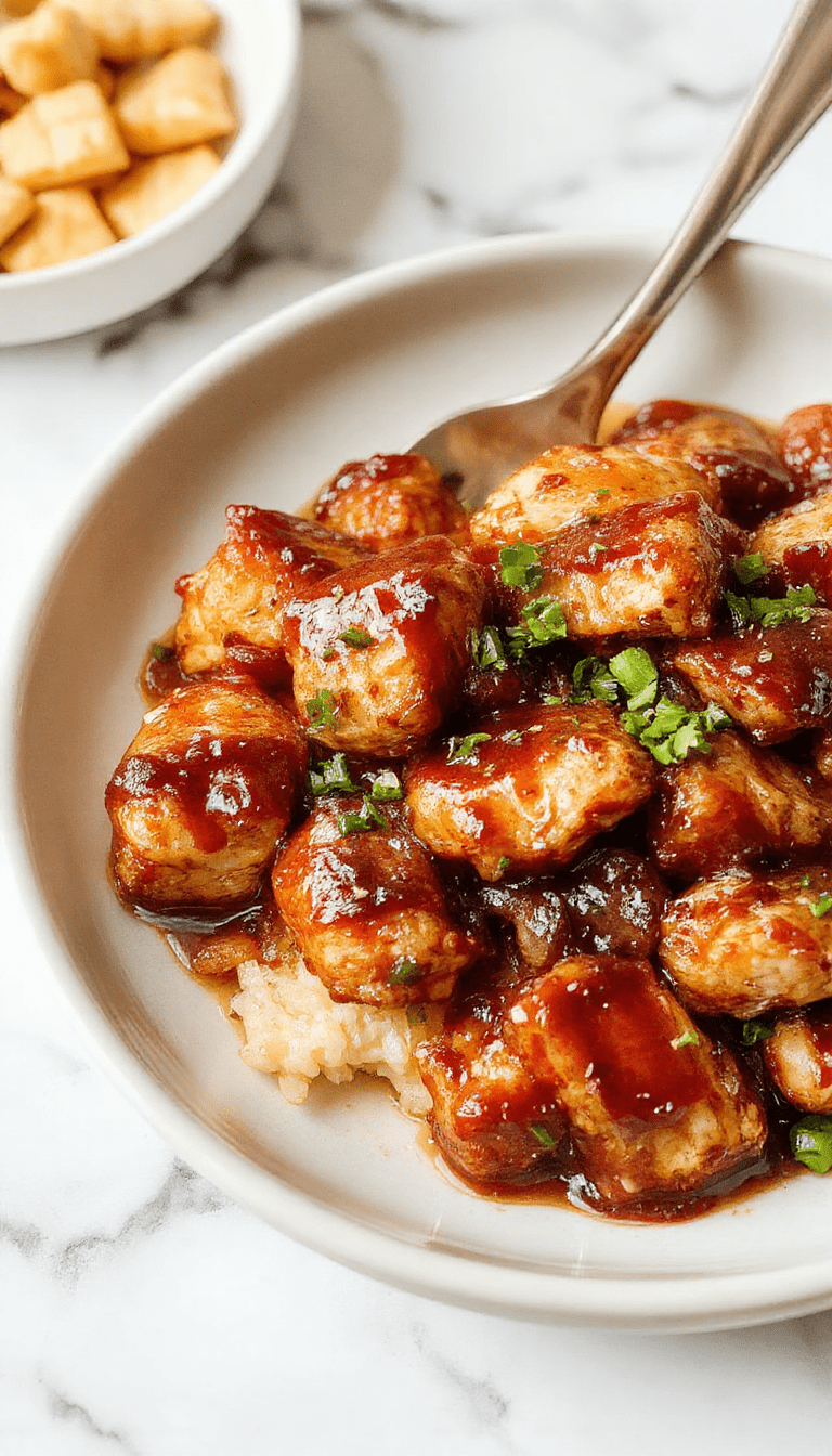 Colorful bowl of tender shredded chicken glazed in shiny, dark teriyaki sauce with sesame seeds and chopped green onions on top, served alongside steamed rice and vibrant vegetables, styled on a rustic wooden table with natural lighting.