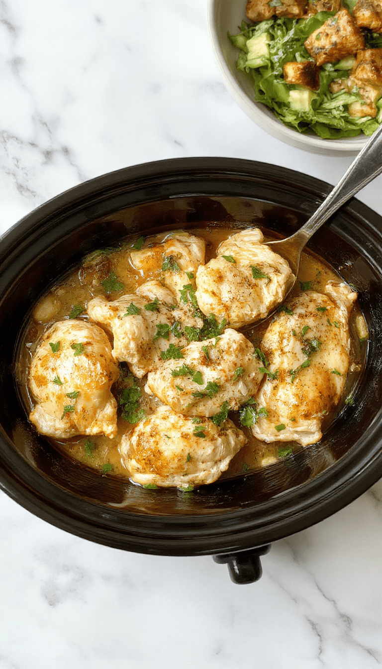 A close-up of a creamy chicken dish with tender pieces of chicken topped with fresh herbs and a rich, golden sauce, served in a rustic bowl on a wooden table with a sprig of parsley for garnish.